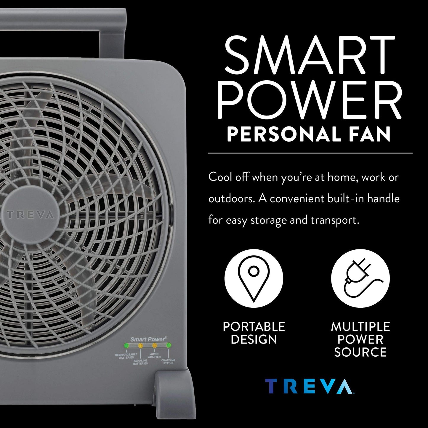 Treva 10 in Rechargeable Portable Fan Smart Power AC Battery USB Port
