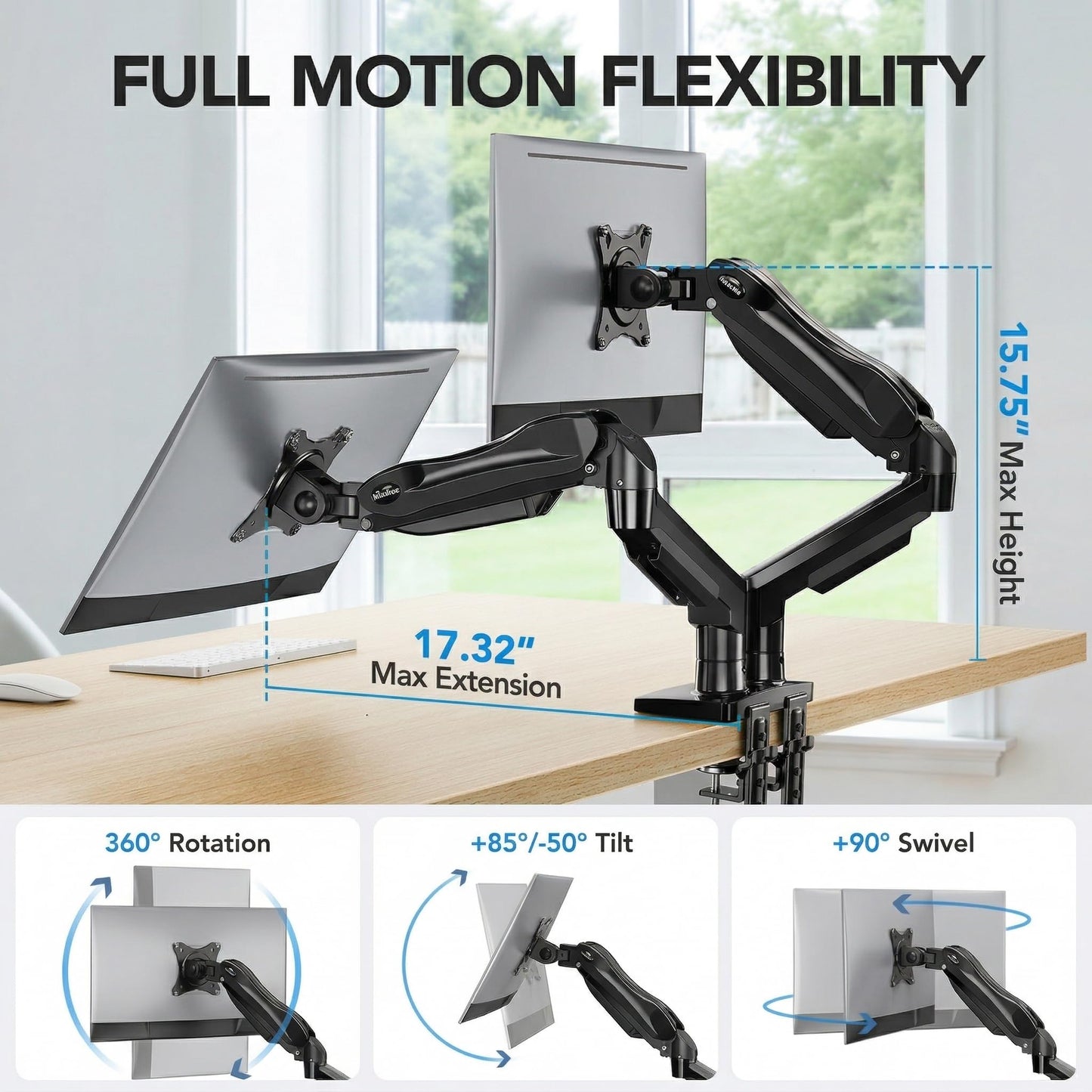HUANUO FlowLift™ Dual Monitor Stand, Fully Adjustable Gaming Monitor Desk Mount for 13-32? Computer Screens, Full Motion VESA 75x75/100x100