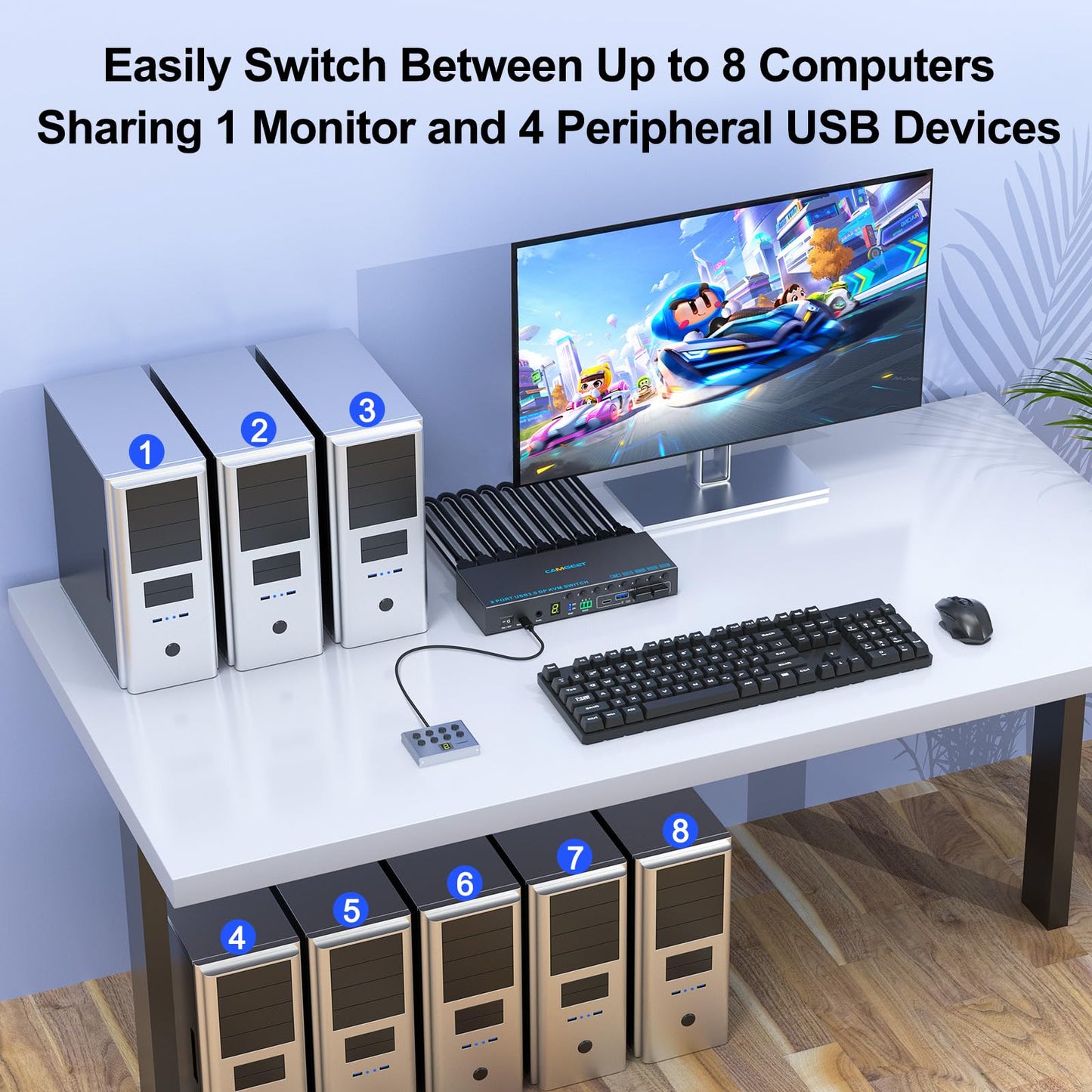 8 Port Displayport KVM Switch 4K@60Hz EDID Simulation, USB3.0 KVM Switch Displayport for 8 Computers Share 1 Monitor and 4 USB Devices,KVM Switches