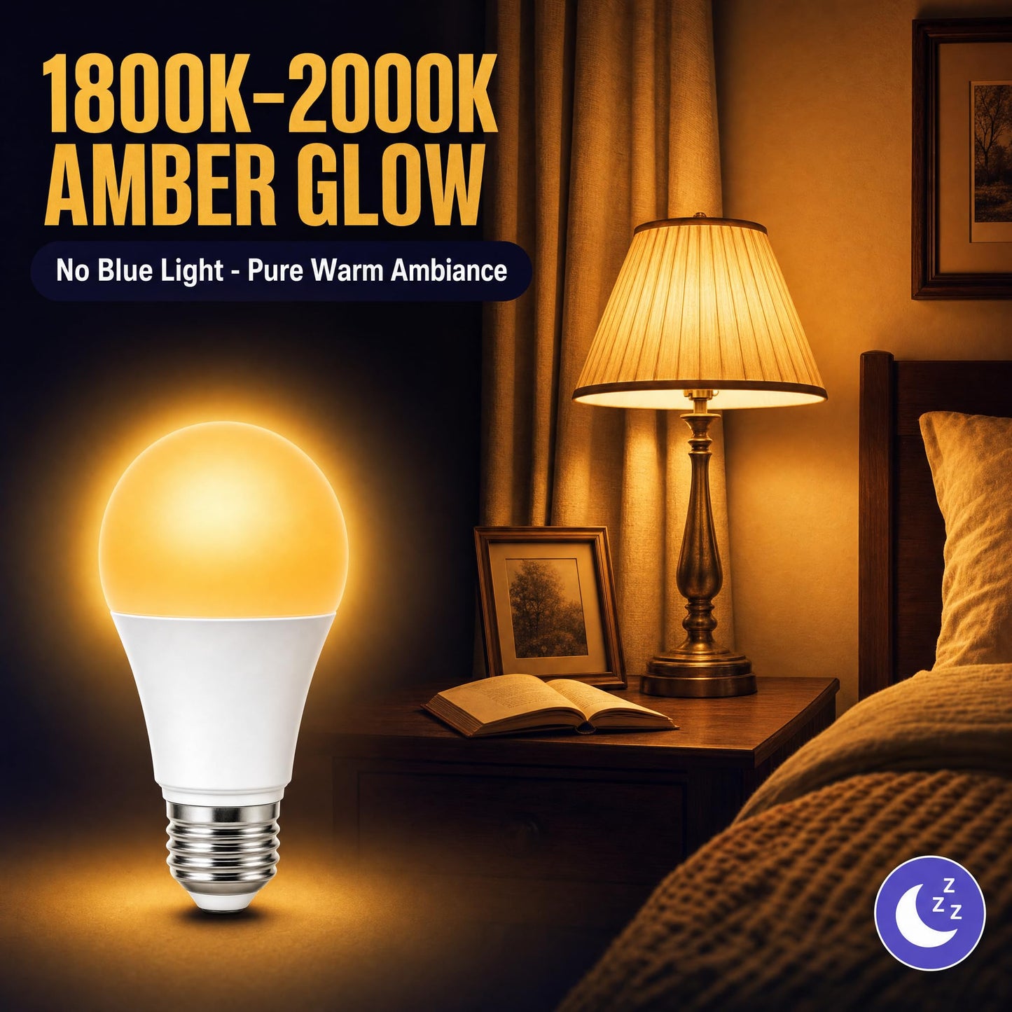 Nocturna Amber A19 LED Light Bulb, 9W, 2000K Warm, E26 Base, No Flicker