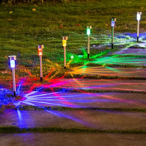 Wellgium Solar Lights Outdoor - Garden Landscape Pathway Lights for Lawn Patio - Stainless Steel, 12 Pack (6 Colors)