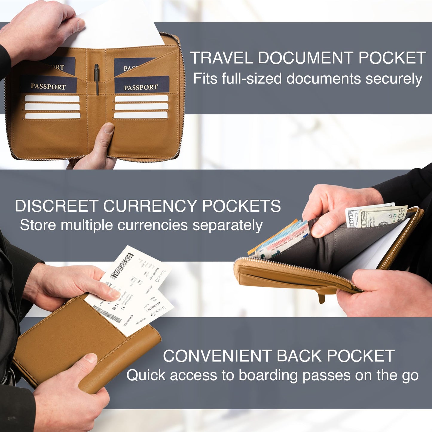 Full Grain Leather Family Passport Holder – RFID Travel Wallet & Document Organizer for 2-4 Passports, Couples & Families, Camel