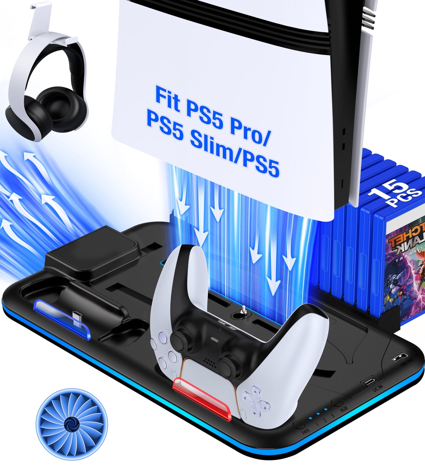 Kawaye PS5/Slim/Pro Stand and Cooling Station for PlayStation 5 Consoles, PS5/Pro/Slim Accessories with 3-Level Cooler Fan, PS5 Controller Charger