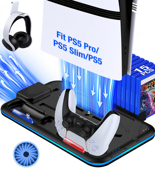 Kawaye PS5/Slim/Pro Stand and Cooling Station for PlayStation 5 Consoles, PS5/Pro/Slim Accessories with 3-Level Cooler Fan, PS5 Controller Charger