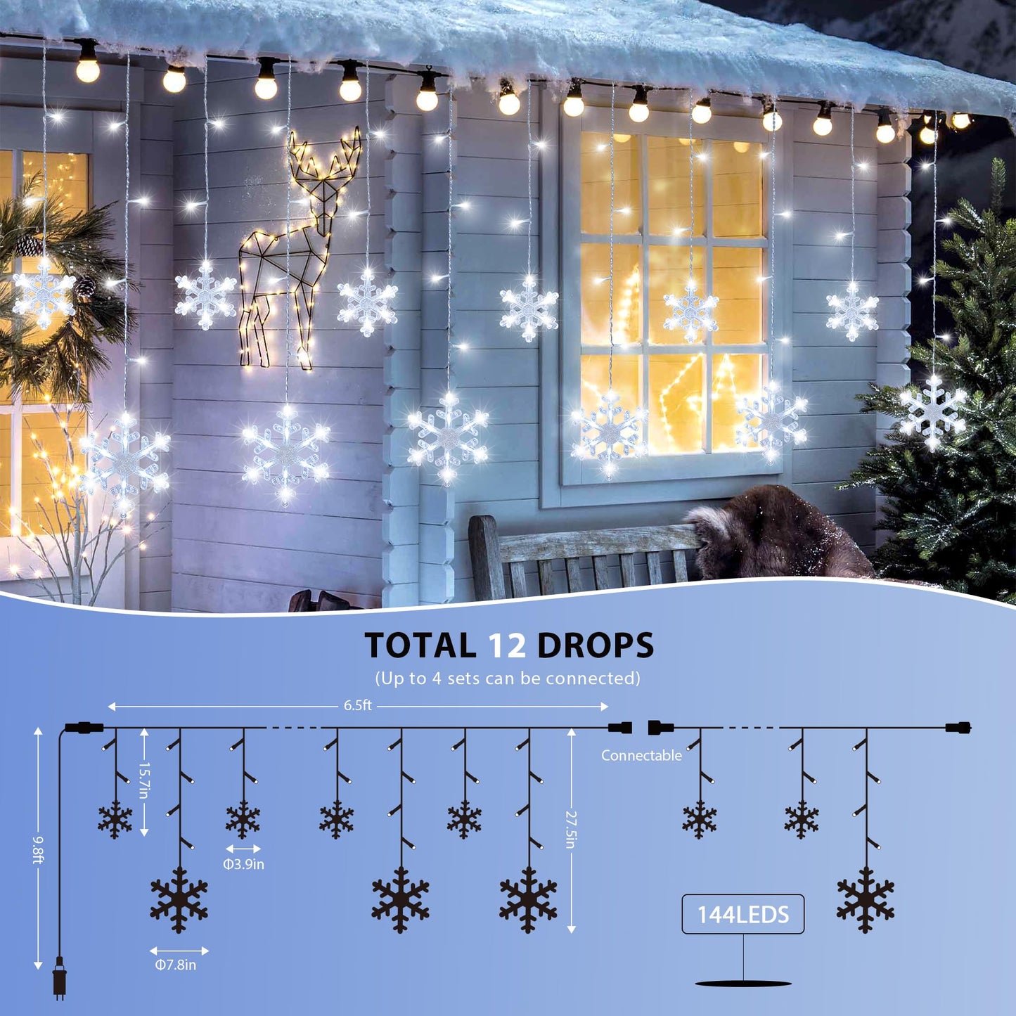 Qunlight Christmas Snowflake Icicle Lights,6.5ft 144LED Curtain Lights Outdoor with 12 Drops, 8 Modes Waterproof Connectable Fairy Light for Eaves