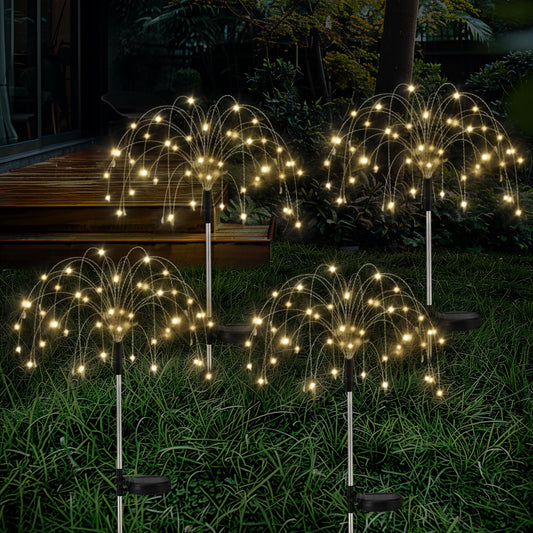 Lewondr Firework Solar Garden Lights 4 Pack, 120 LED Solar Firework Lights with 8 Lighting Modes, Waterproof Sparkler Starburst Solar Lights Outdoor