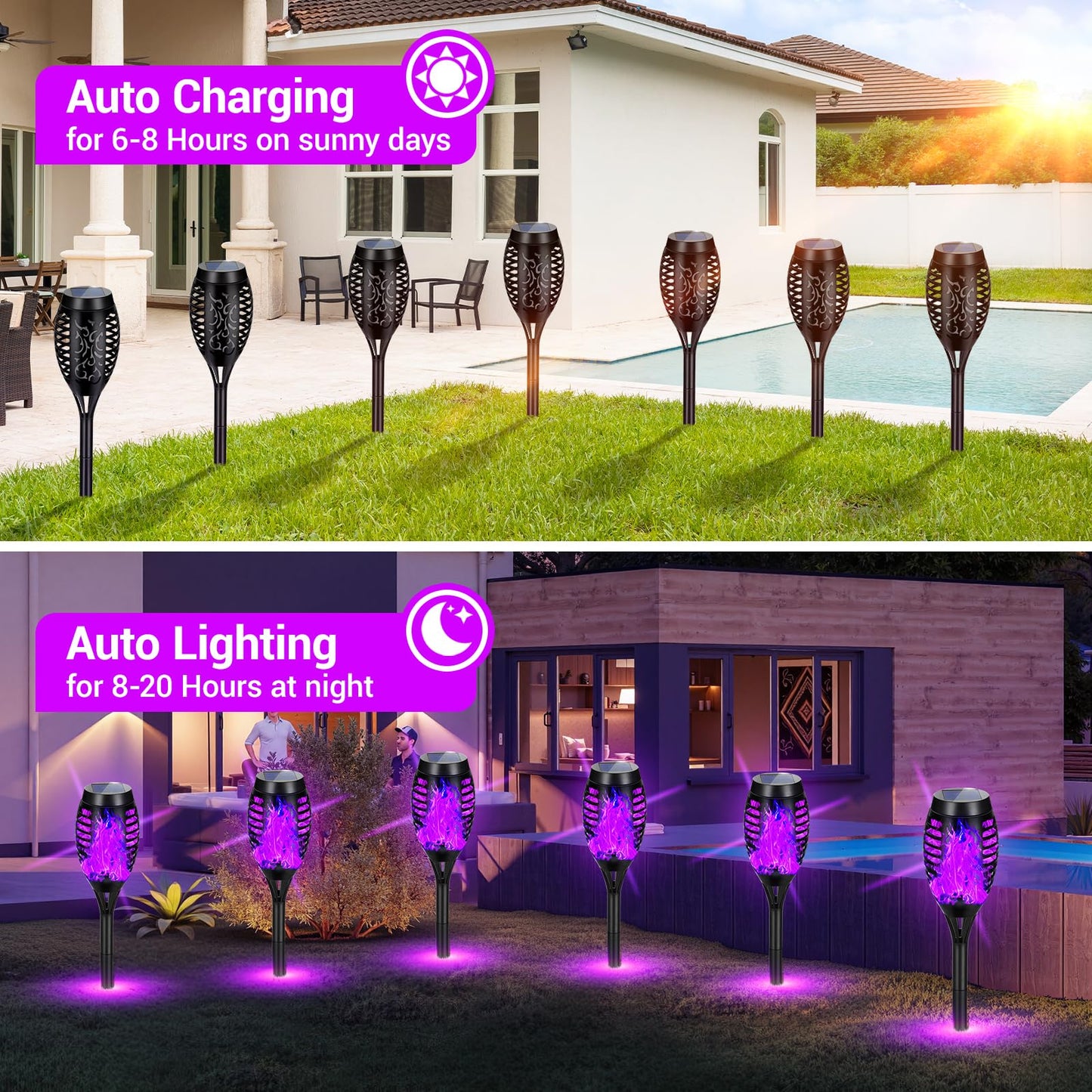 AOUNQ Solar Lights Outdoor, Upgraded 10 Pack Purple Solar Torch Lights Outdoor Flickering Flame for Garden Decor, Waterproof Outdoor Lights Solar