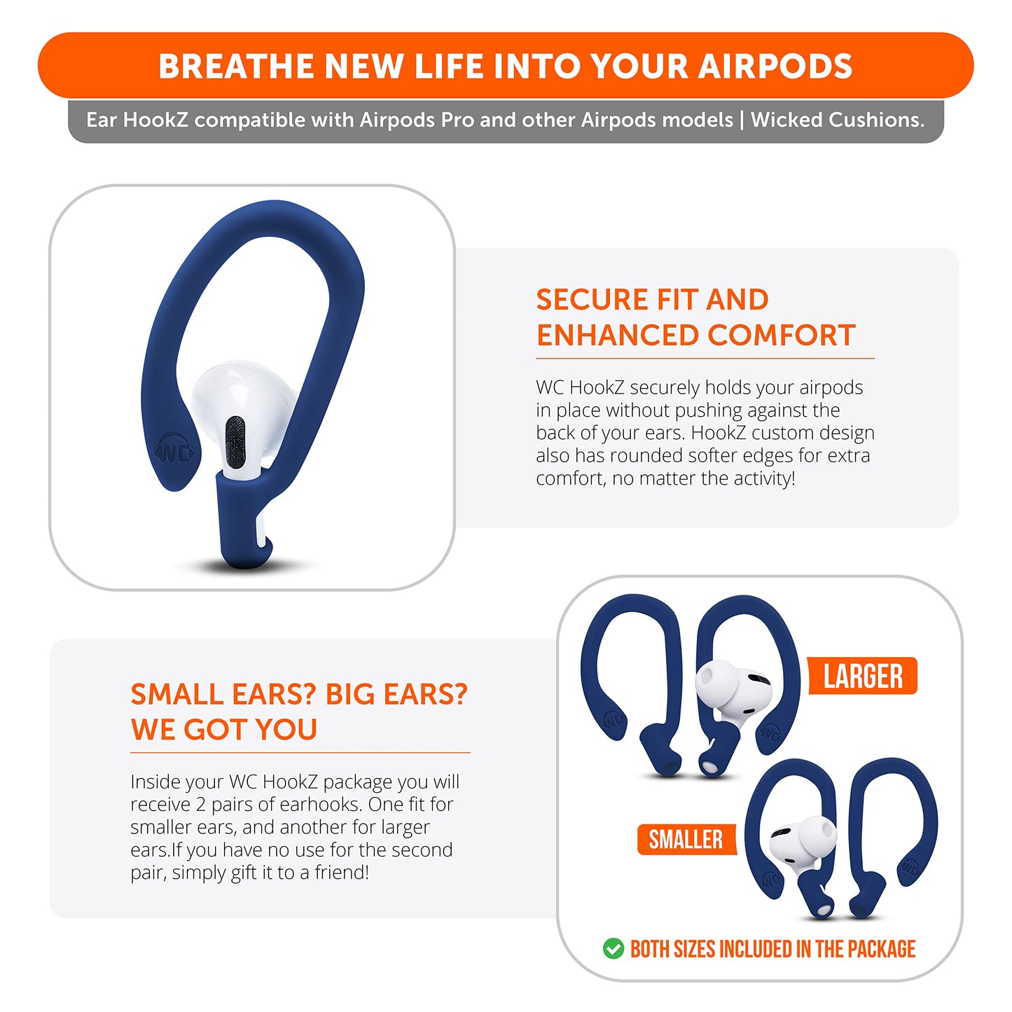 WC HookZ - Patented Upgraded Over Ear Hooks for AirPods Pro 1, 2 & AirPods 1, 2 & 3- Two Size Pairs Included in Package, Unique Left & Right Hook