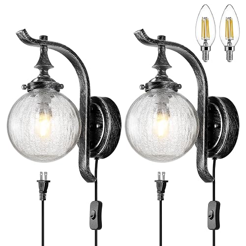Mgcanyu Globe Glass Wall Sconce Set of 2, Farmhouse Vintage Plug in Wall Light Fixtures Rustic Industrial Wall Lights for Bedroom Bathroom Hallway