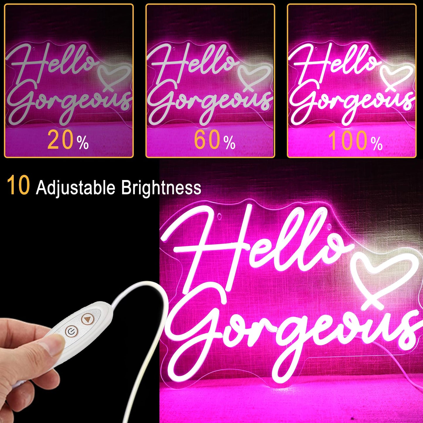Neonwall Hello Gorgeous Neon Sign for Wedding, Led Neon Light Sign for Bedroom Room Decor Birthday Party USB Operated Game Center Neon Light for Art
