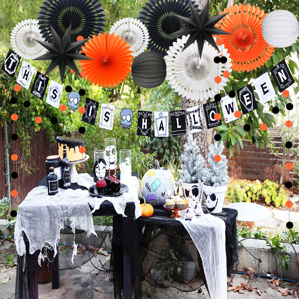 ADLKGG Orange White Black Halloween Decorations, Hanging Tissue Paper Fans Circle Garland Paper Lanterns for Graduation Wedding Anniversary Birthday