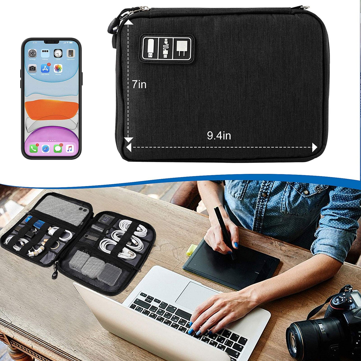 Sunsir Travel Cable Organizer Bag Waterproof Portable Electronic Accessories Organizer for USB Cable Cord Phone Charger Headset Wire SD Card with 5pcs