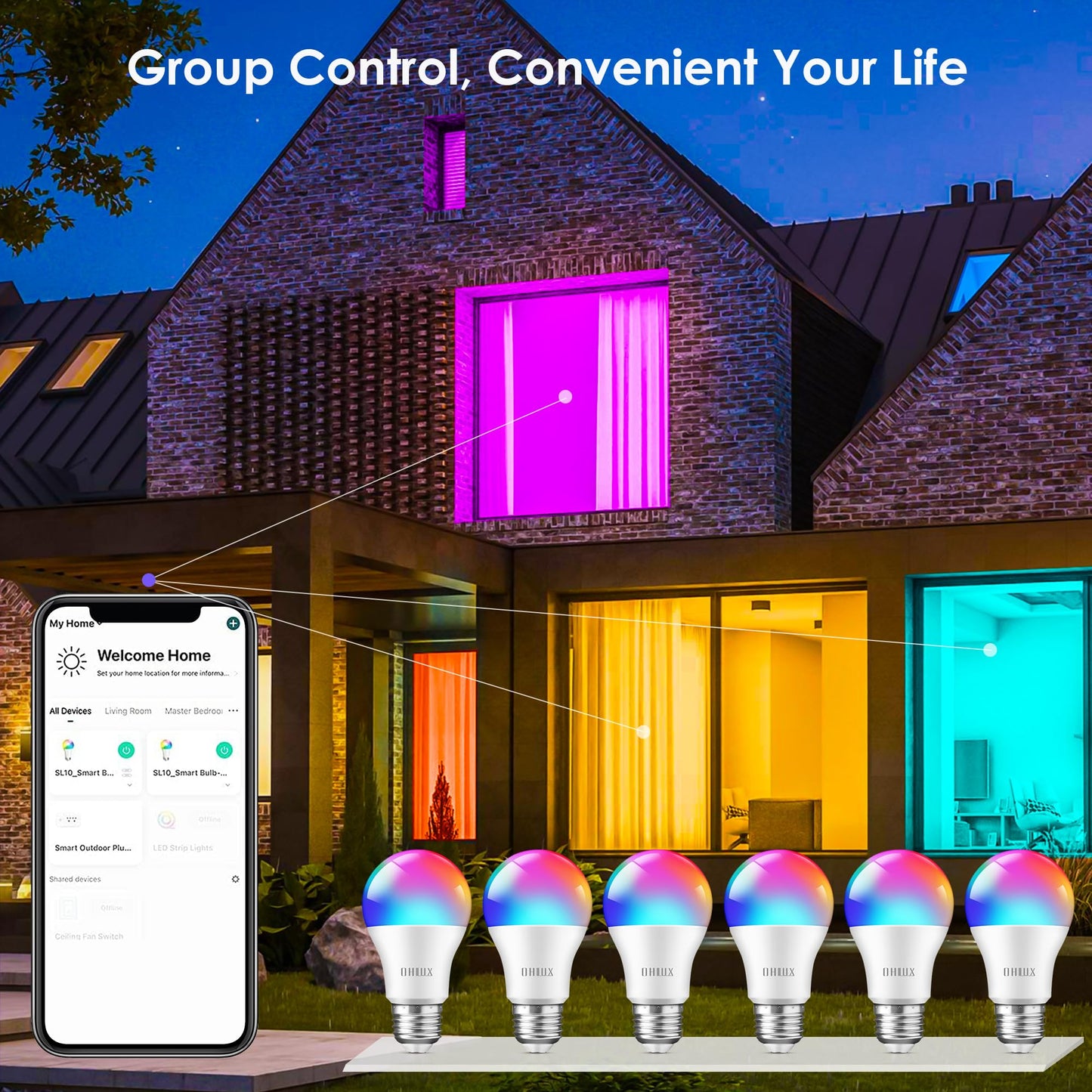 OHLUX Smart Light Bulbs 8Pack, WiFi & Bluetooth, RGB Color Changing, 100W Equivalent, Dimmable, A19 E26 110V, Compatible with Alexa, Google Assistant