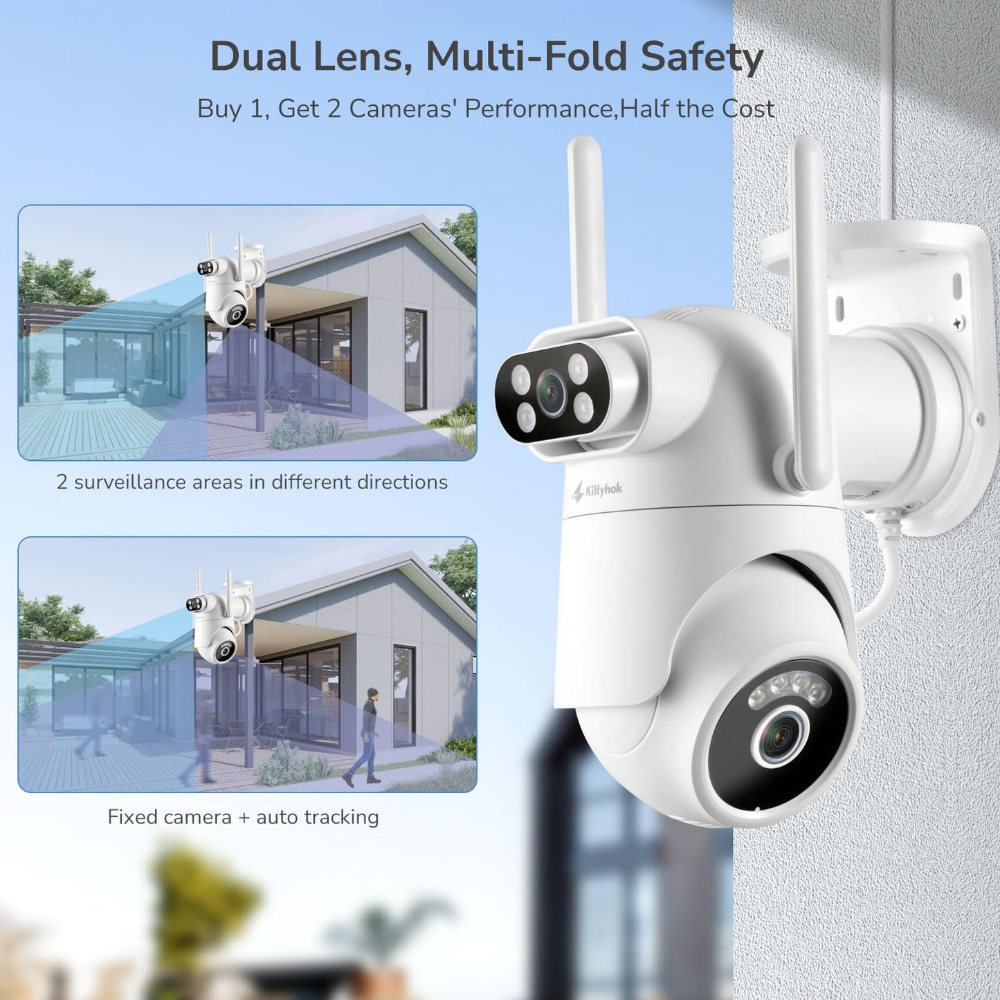 Wireless Security Camera System with 10" Touchscreen Monitor, Dual Lens 2K Security Cameras Wireless Outdoor with 2.4/5GHz WiFi, 360° PTZ, Auto