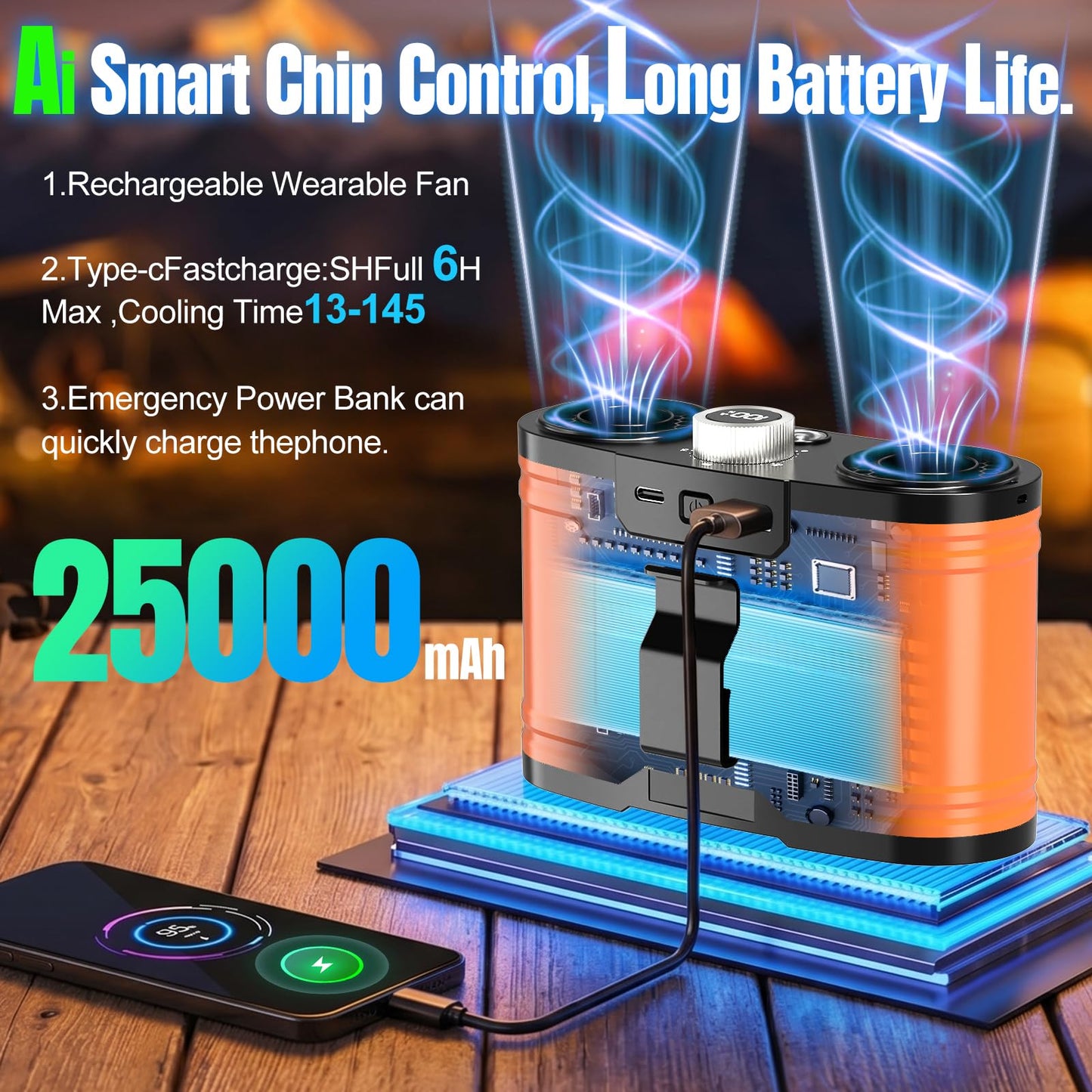 2026 25000MAh AI Portable Waist Fan, 100 Speeds 34000RPM Strong Airflow, Belt Fan with up to 145H of Working Time, Flashlight,Rechargeable Wearable
