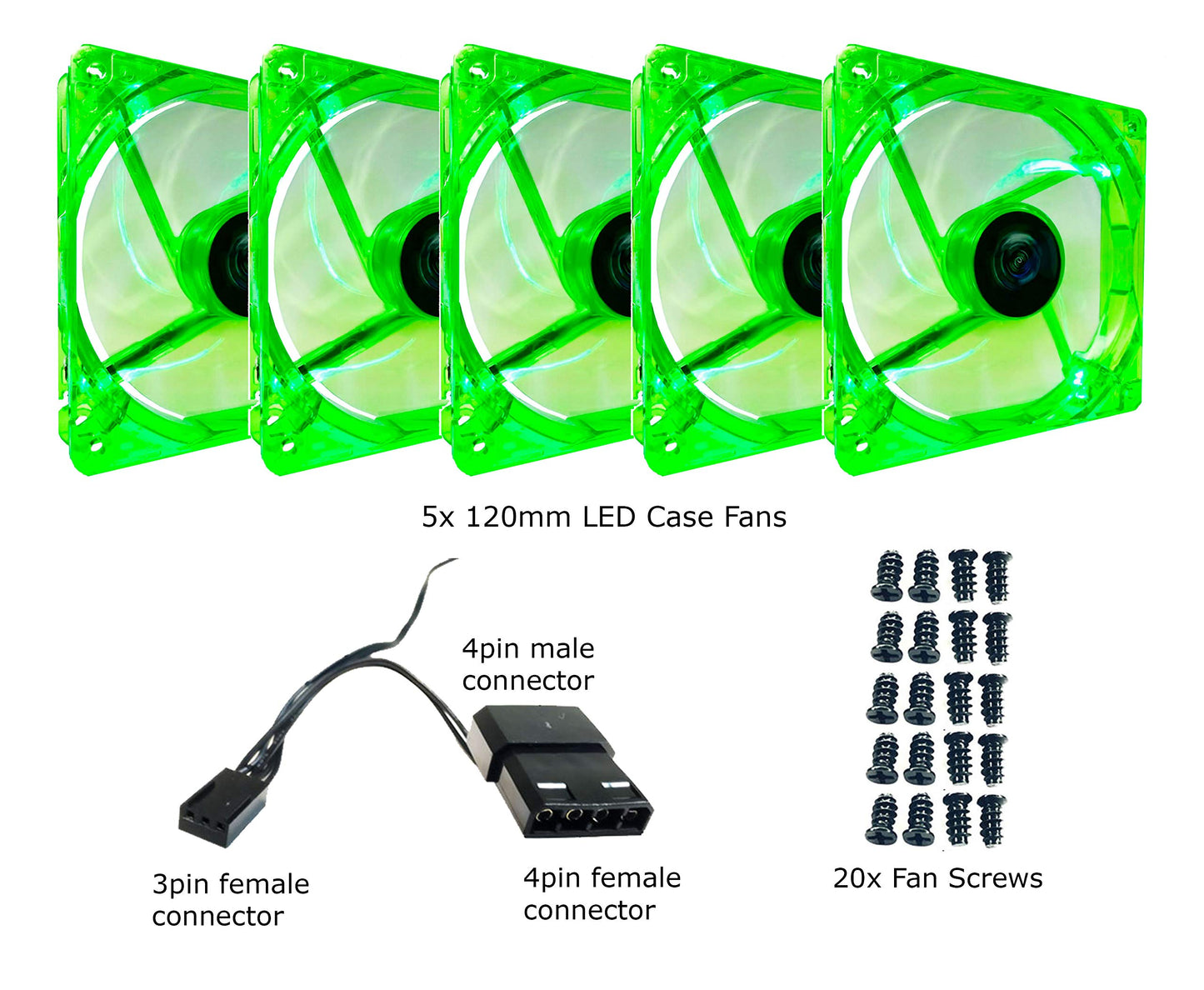 Apevia CF512L-GN 120mm 4pin+3pin Silent Green LED Case Fan (5-pk)