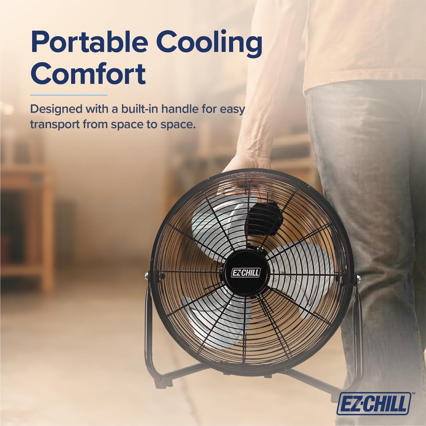 EZ-CHILL 12” Cradle Floor Fan, 3 Speed, High Velocity, 180 Degree Adjustable Tilt, All-Metal, Carry Handle, Rubber Feet, Airflow 15.42 ft/sec, Ideal