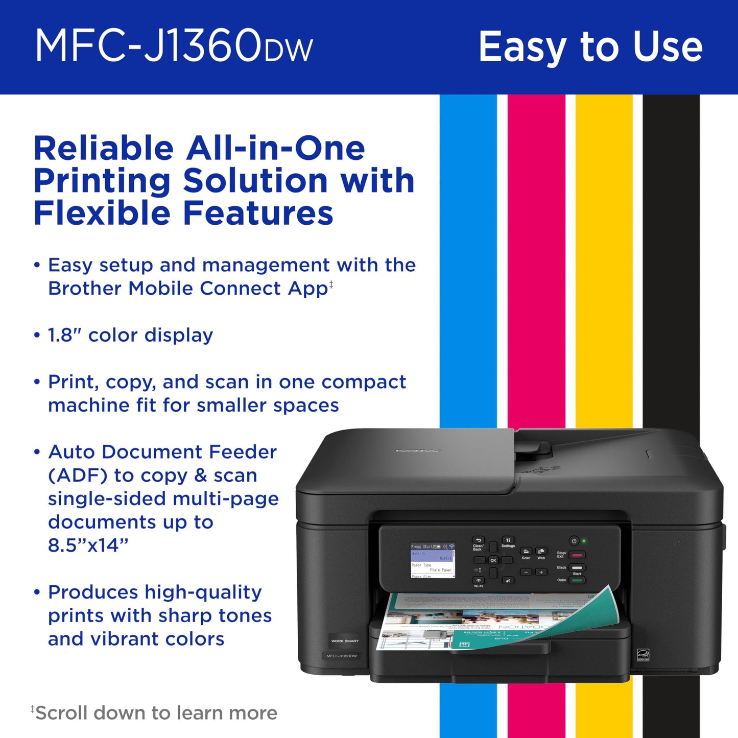 Brother Work Smart 1360 Wireless Color Inkjet All-in-One Printer with Automatic Duplex Printing and 1.8” Color Display | Includes Refresh Subscription
