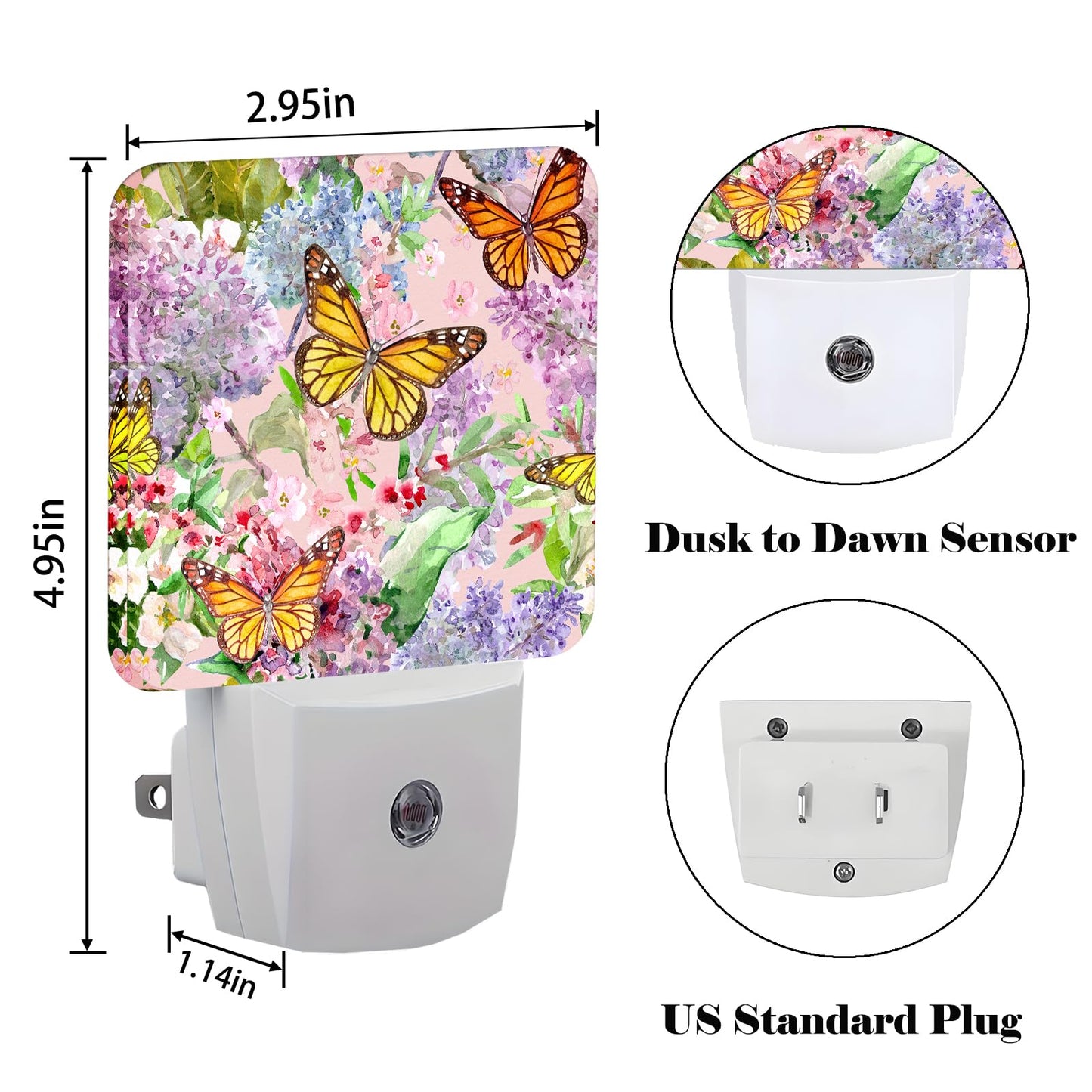 Spring Flowers and Butterflies Night Light ,Plug Into Wall Decor for Stairway,Hallway,Kitchen,Dusk To Dawn Sensor Nightlights for Boys/Girls/Women/Men