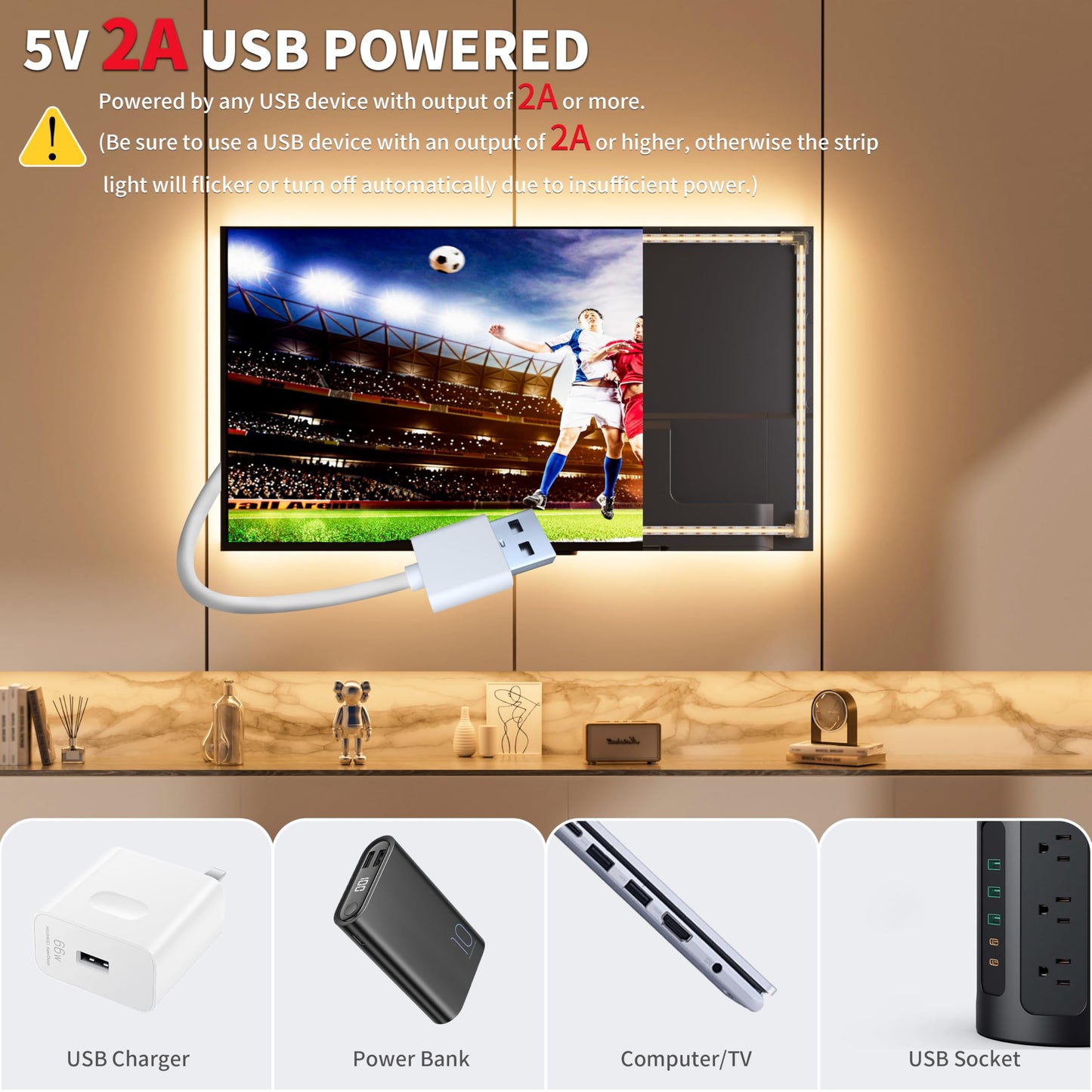 PAUTIX COB LED Strip Lights 5V USB Powered Dotless Super Bright Dimmable LED Lights 3000K Warm White 6.56ft TV Backlights,Flexible 3M Adhesive Under