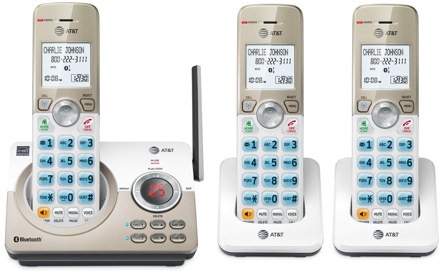 AT&T DL72319 DECT 6.0 3-Handset Cordless Phone for Home with Connect to Cell, Call Blocking, 1.8" Backlit Screen, Big Buttons, intercom,