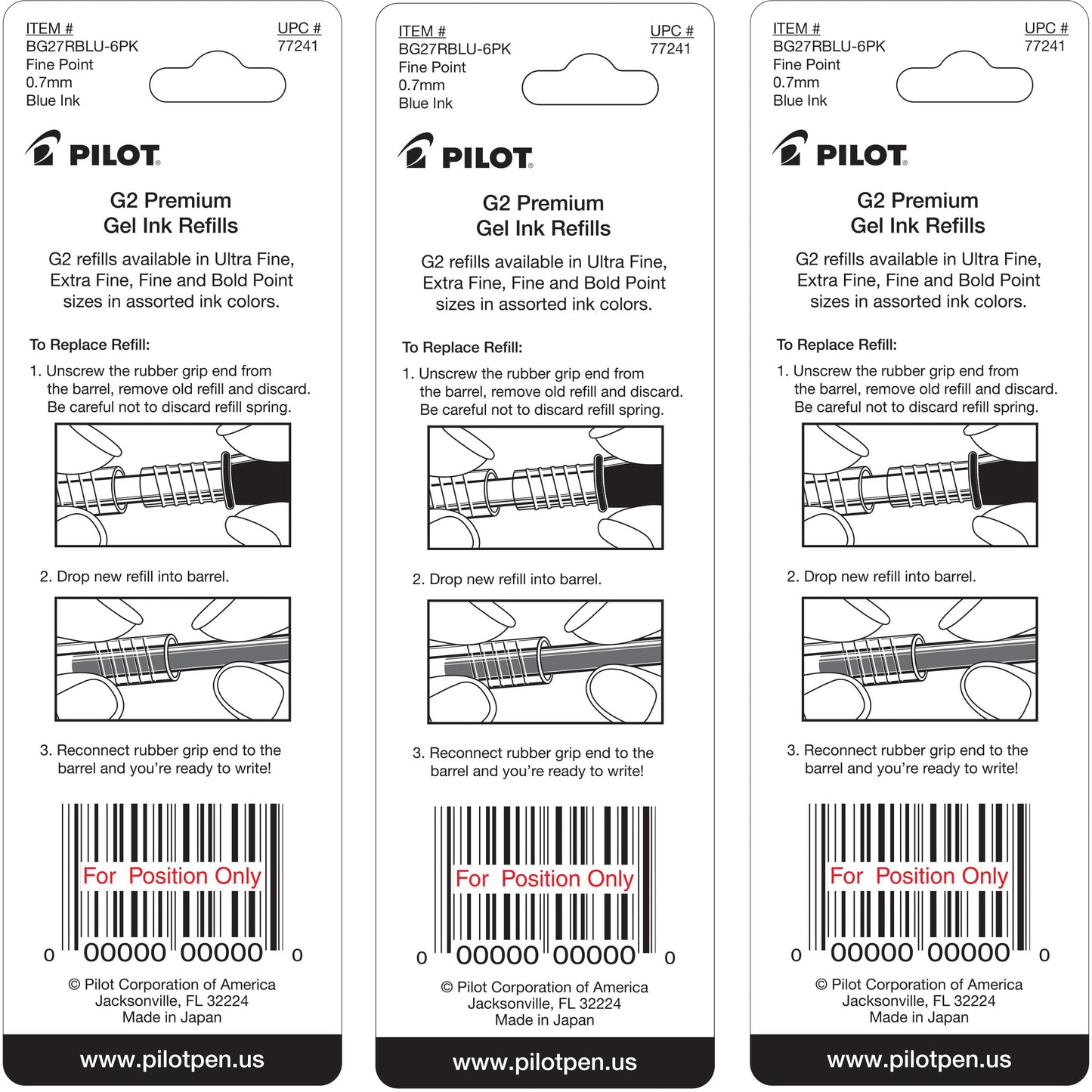 Pilot G2 Gel Ink Pen Refills, Fine Point, 0.7mm, Blue Ink, 6 Refills