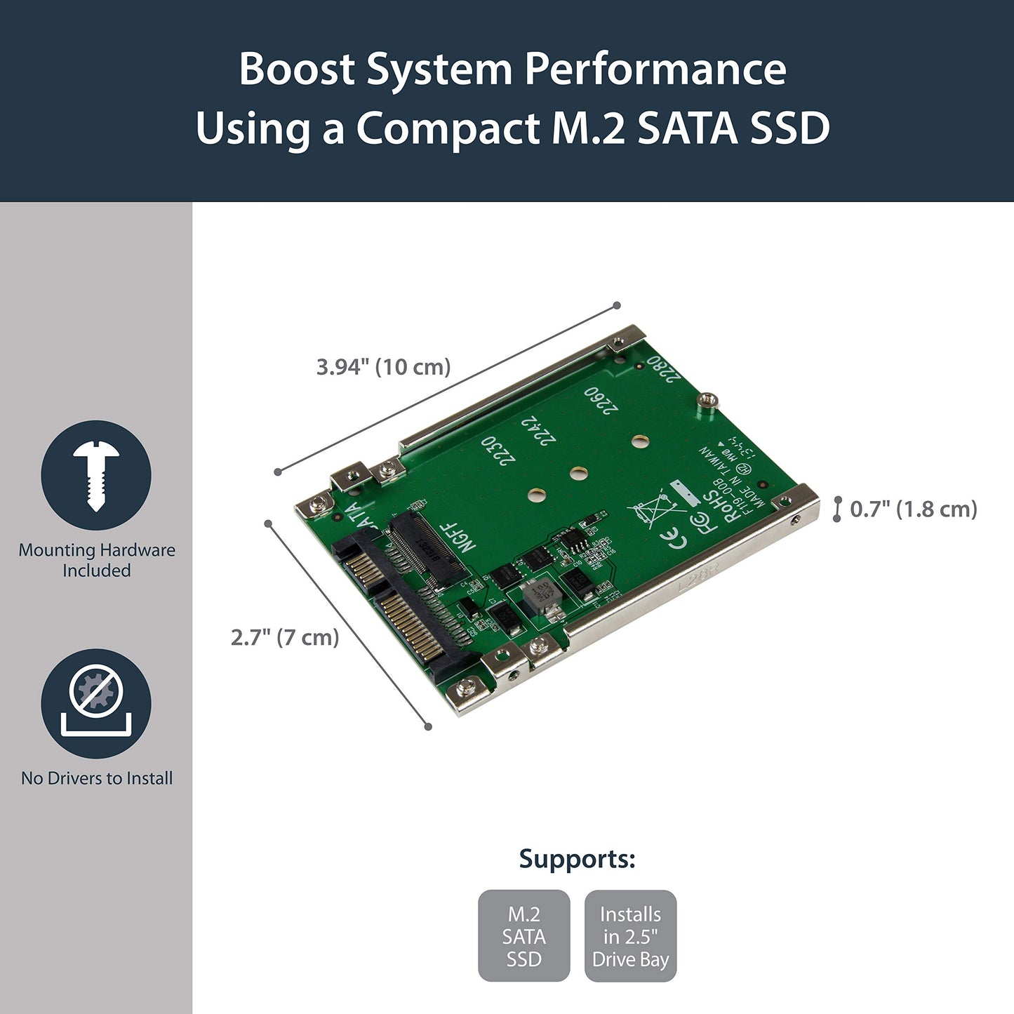 StarTech.com M.2 SATA SSD to 2.5" SATA Adapter [NOT NVMe], Open-Frame Bracket, 7mm High, M2 Hard Drive Adapter - TAA