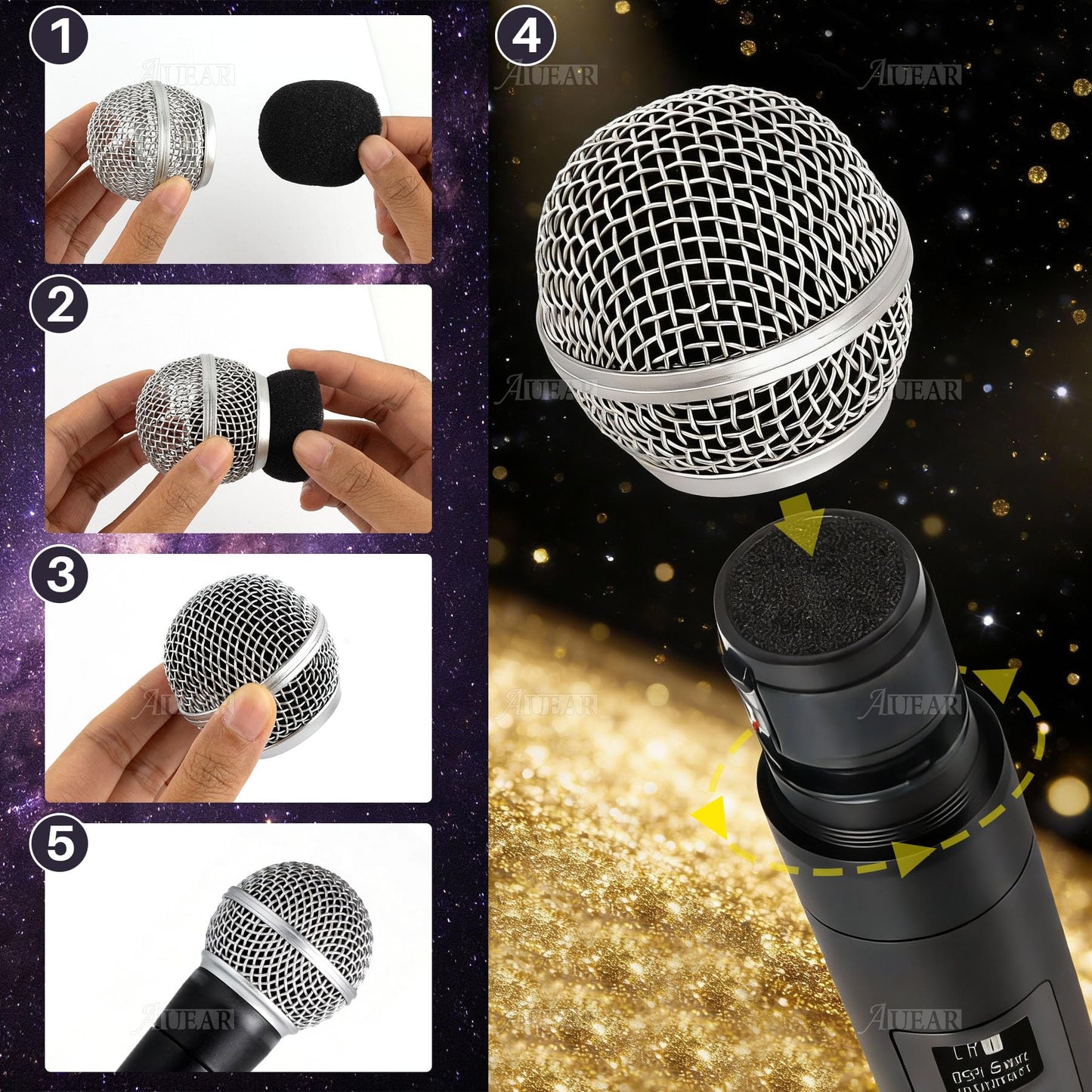 AUEAR, 2 Pack Microphone Grill Grille Ball Head Replace for SM58 BETA58 SM58LC SA-M30 SV100 RK143G Pgx2 Slx2
