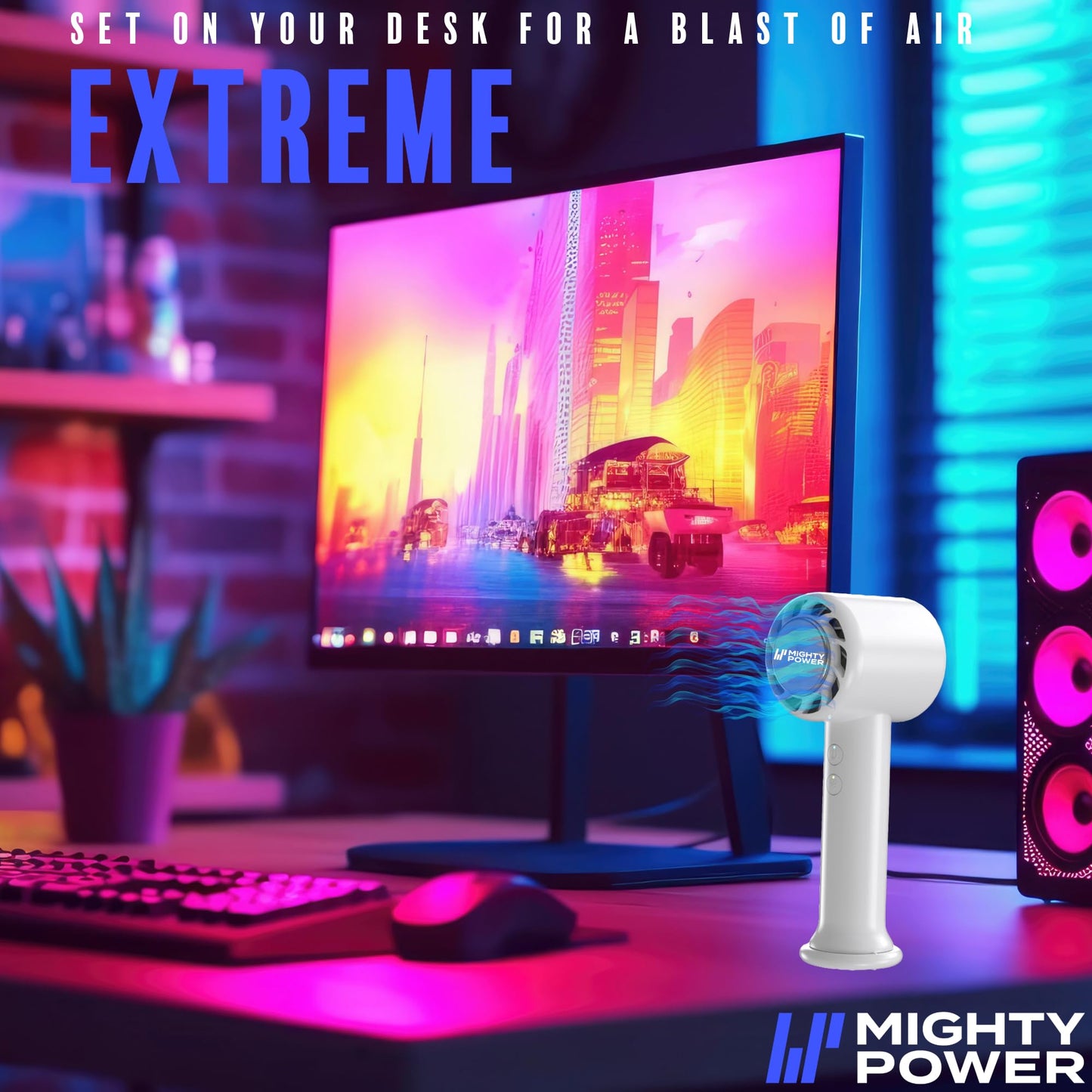 Mighty Power Handheld Air Fan, 3 Speeds, Rechargeable USB-C, Instant Cooling Tech, 10 Hrs Runtime, Compact, Gift, Travel, Camping, Beach, White, 6.5