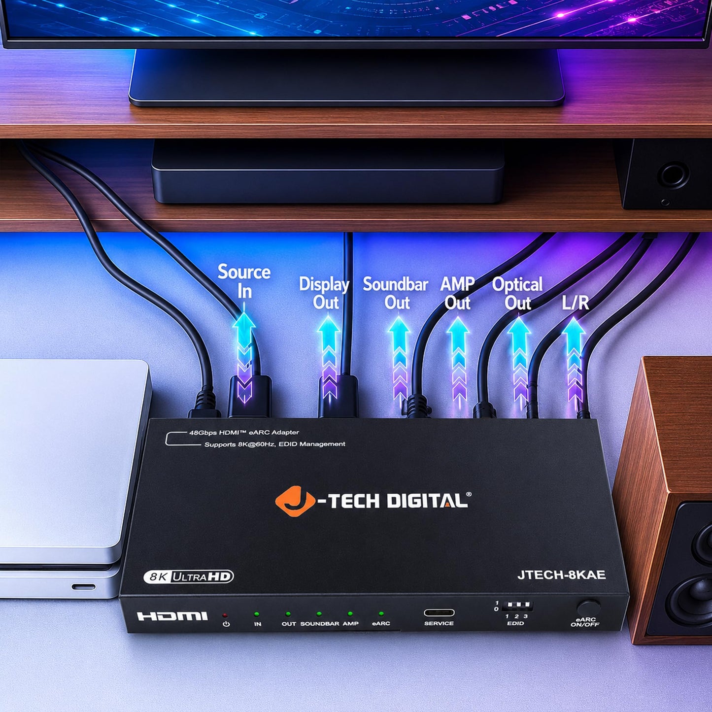 J-Tech Digital 8K HDMI Audio Extractor with eARC ARC 8K 60Hz 4K 120Hz, HDMI to Optical L/R Converter Adapter, HDCP 2.3 HDR CEC EDID [JTECH-8KAE]