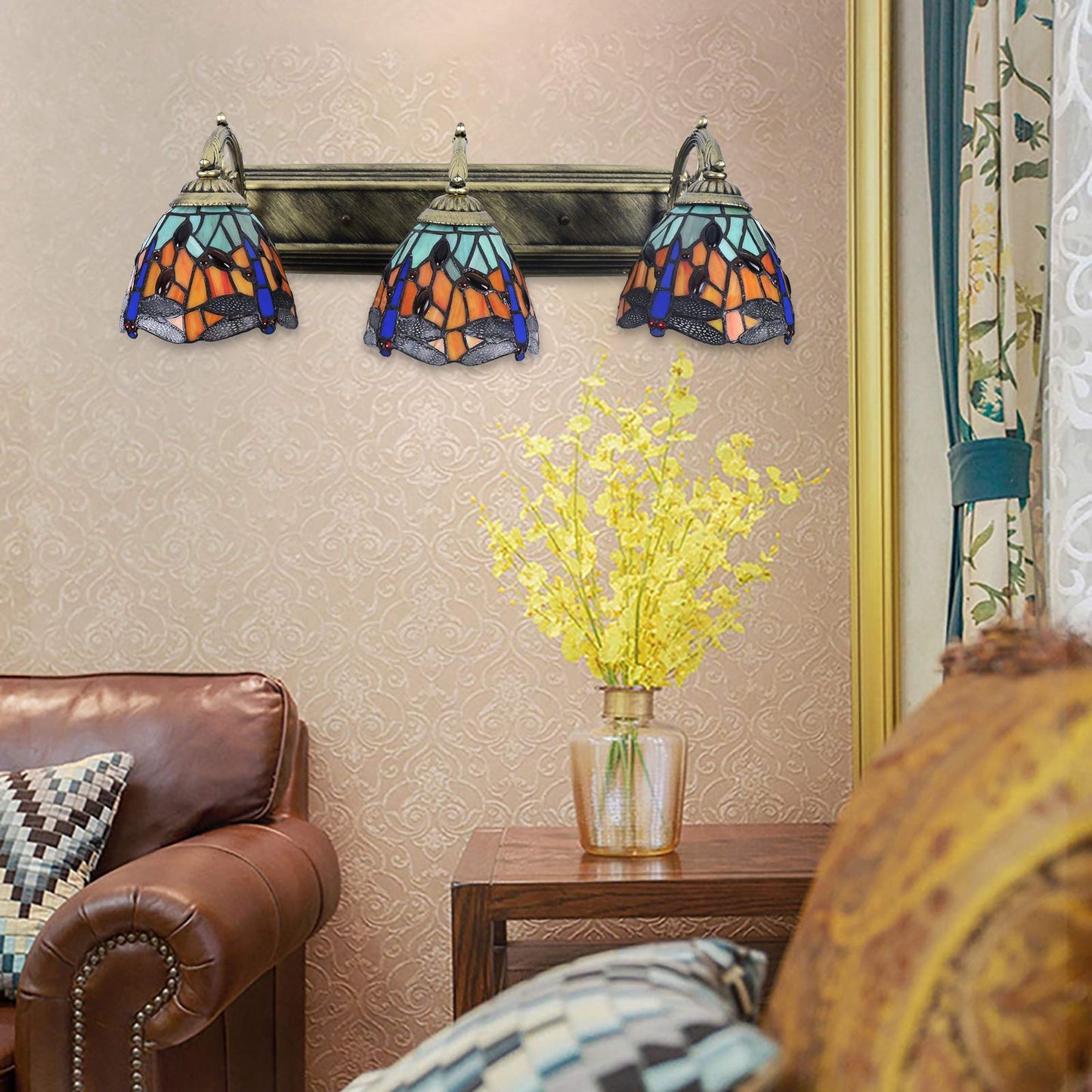 TFCFL 3 Lights Sconce Lightings, Bronze Finish Handcraft Stained Glass Vanity Lighting Wall Sconces Fixture Dragonfly Shades Stained Glass Sconce