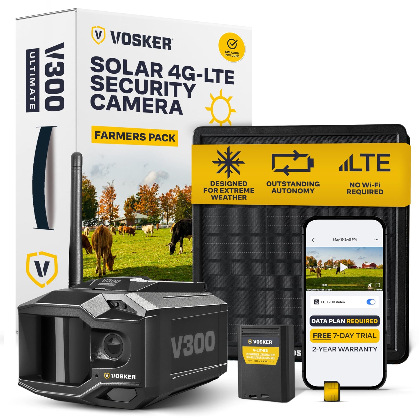 Vosker V300 Ultimate Farmers Pack Outdoor Security Camera with External Solar Panel for Farms Pastures and Greenhouses 4G LTE Black Single Unit