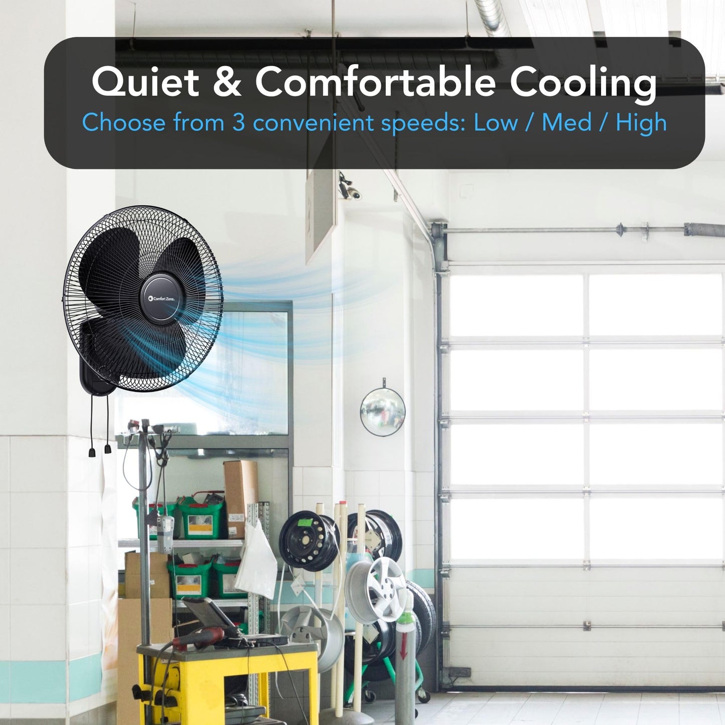 Comfort Zone 16-Inch Oscillating Wall Mount Fan - Quiet 3-Speed Indoor Fan with 60° Adjustable Tilt, Pull-Chain Control & Durable Metal Grille