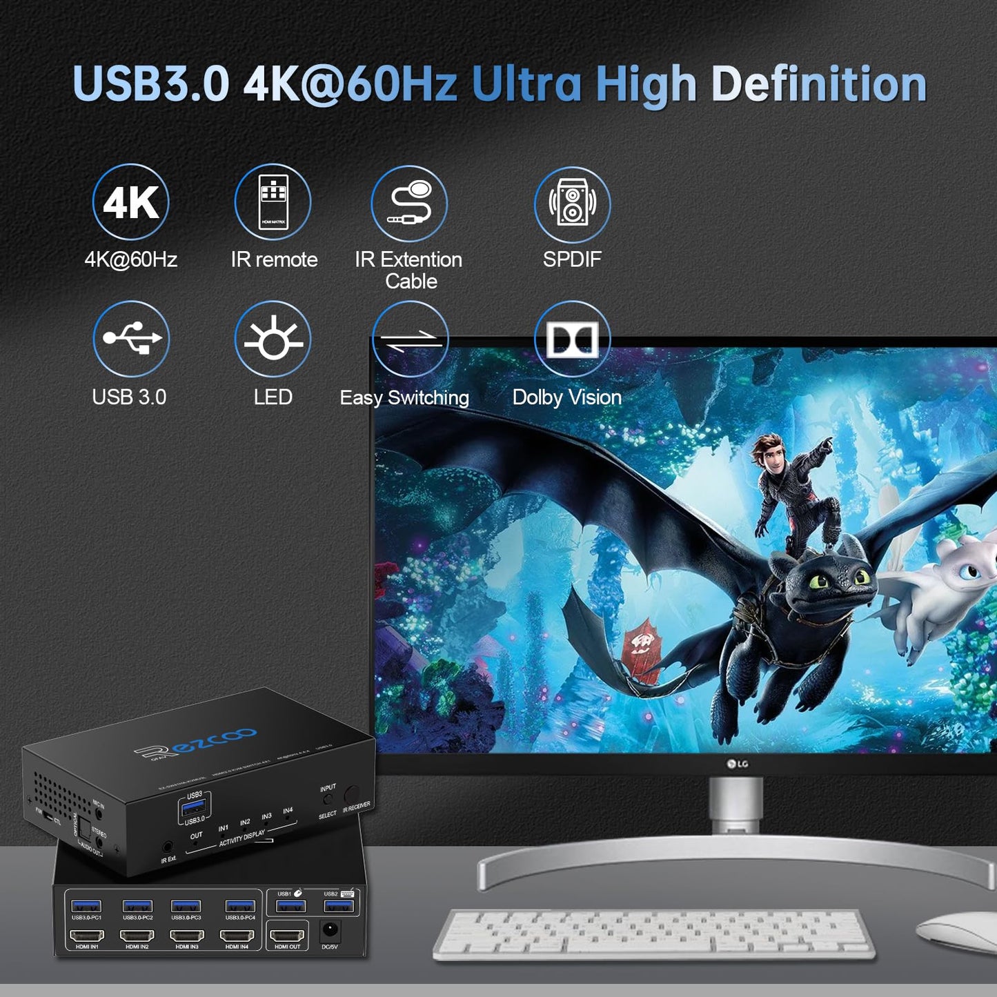 USB 3.0 KVM Switch HDMI 4 Computer 1 Monitor 4K 60Hz SPDIF L/R Extractor- USB Switch for Keyboard Mouse Printer Mac Windows 4 Port HDMI Switch 4x1
