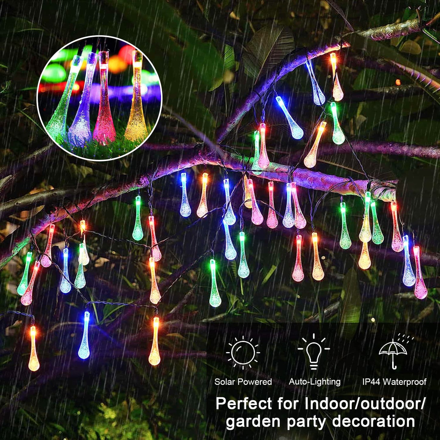 JMEXSUSS 2 Pack Solar String Lights Outdoor Waterproof, Total 41.6FT 60 LED Teardrop Water Drop Solar Lights, Multi Colored Christmas Lights