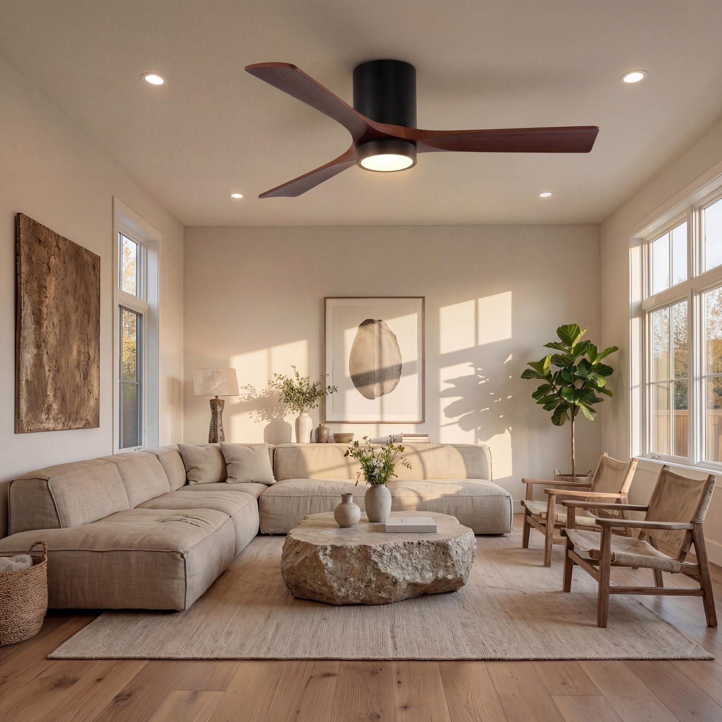 Tribesigns 52 inch Ceiling Fans with Lights, Low Profile Ceiling Fan with Remote Control, 3 Solid Wood Blades, Reversible, 3CCT, Dimmable, Flush Mount