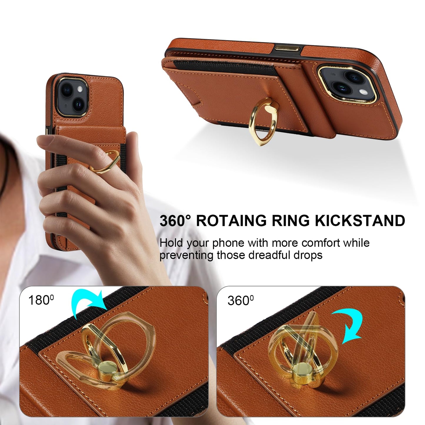 S. Tedazo for iPhone 15 Wallet Case with Credit Card Holder and 360° Rotation Ring Stand, RFID Block Flip Leather Shockproof Cover for iPhone 15-Brown
