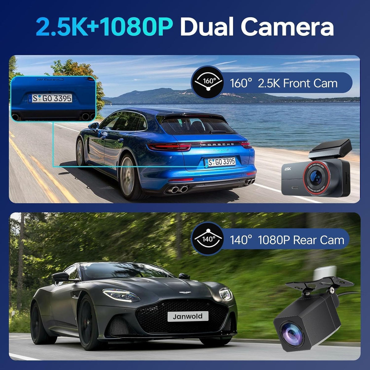 Yonvim Dash Cam 2.5K Front Rear 64GB WiFi GPS 160° Night Vision