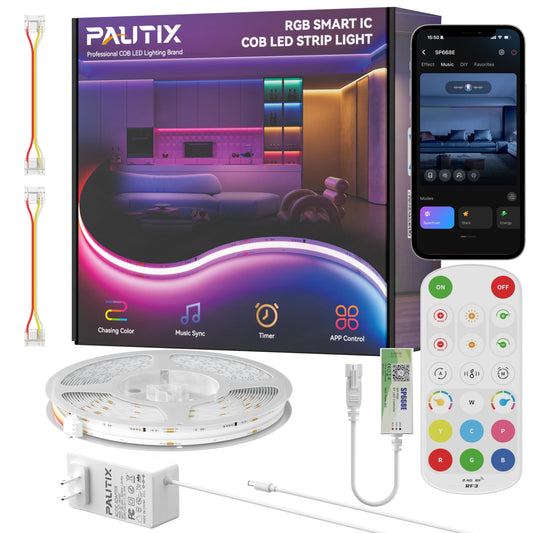 PAUTIX COB LED Strip Lights Pro, UL-Listed RGB Smart IC Chasing Color Addressable COB LED Tape Light, Music Sync Flexible RGB LED Lights, Smart Strip