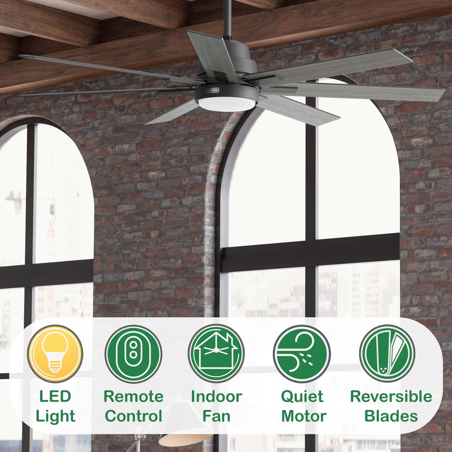 Hunter Fan 60 inch Matte Black Indoor Ceiling Fan with Light and Remote for Bedroom, Large Room/Great Room, Dining Room, Kitchen, Office (Renewed)