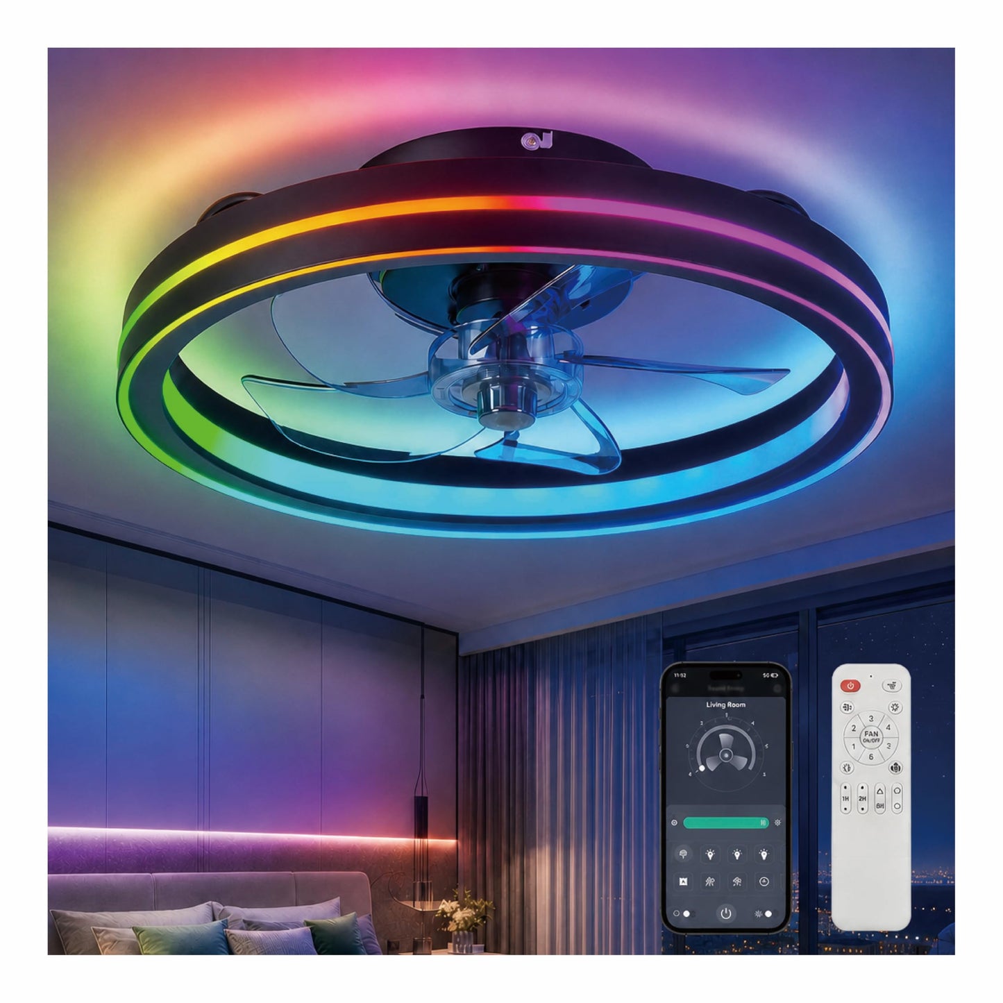 Ouimico RGB Ceiling Fan with Light and Remote, 19" Smart Ceiling Fan, Black