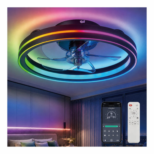 Ouimico RGB Ceiling Fan with Light and Remote, 19" Smart Ceiling Fan, Black