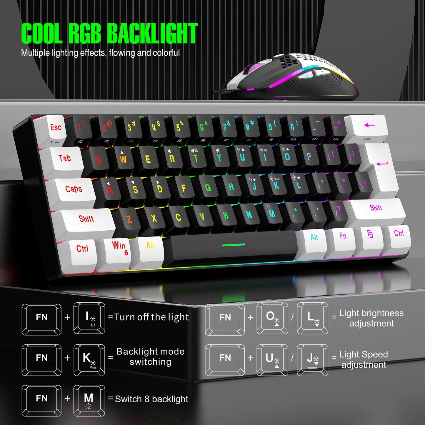 60% Wired RGB Gaming Keyboard and Mouse Combo, 14 Mode of Backlight, 6400 DPI Gaming Mouse, Mini Keyboard with Membrane Switch Comfort Use Budget