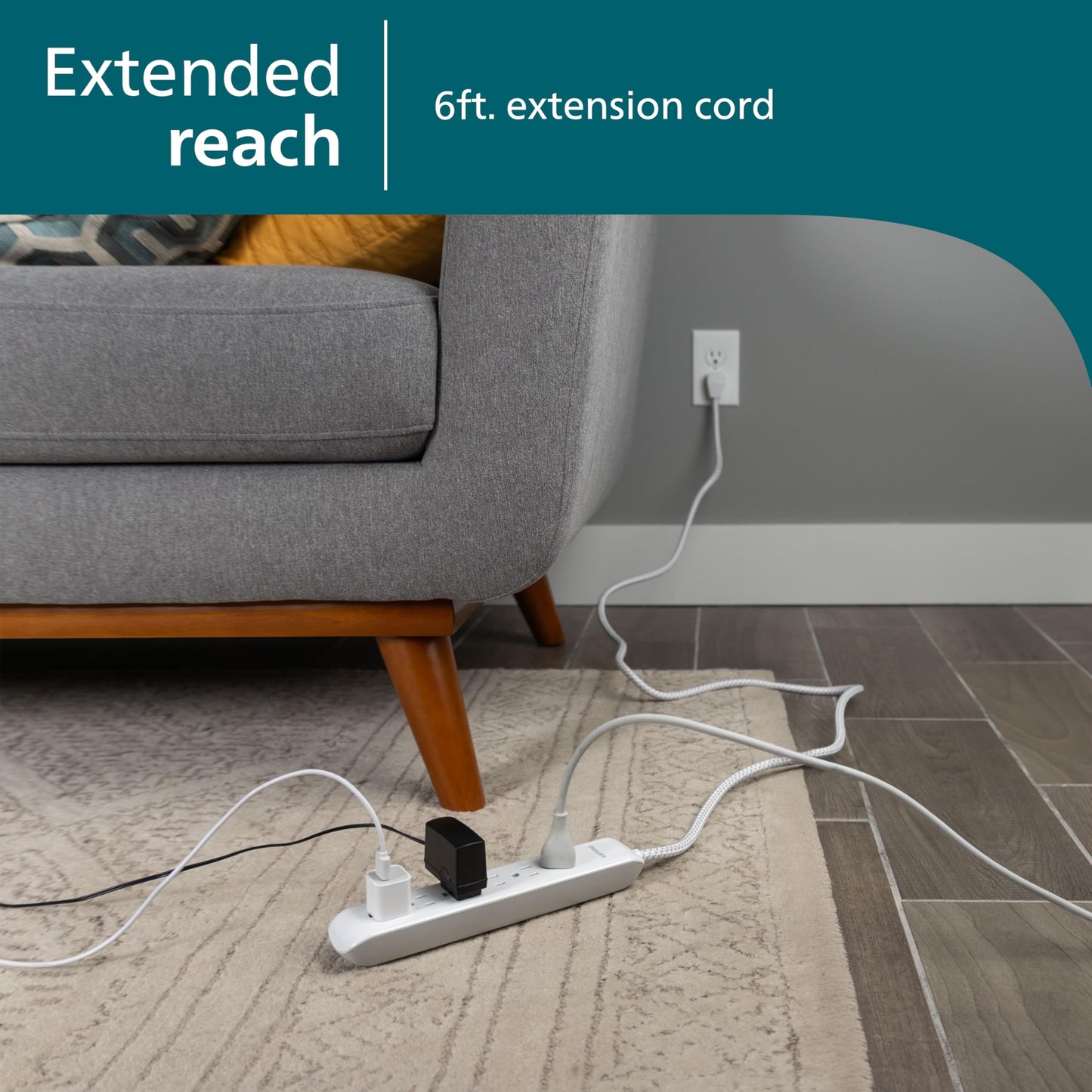 Philips 6 Outlet Power Strip Surge Protector, 6 Ft Power Cord, Designer Braided Extension Cord, Flat Plug, Perfect for Office or Home Décor, 1080