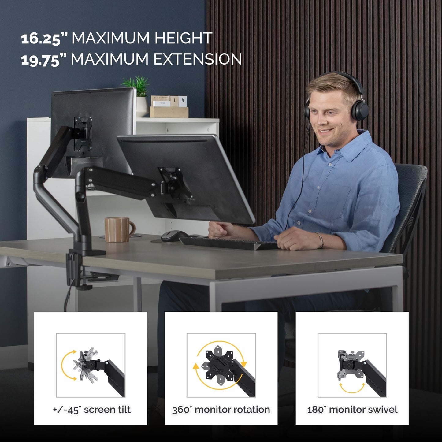 Fellowes Platinum Series Dual Monitor Arm for 40-Inch Monitors, Full Motion, 360° Rotation, VESA Mount with Grommet or Clamp, USB Ports, Ergonomic
