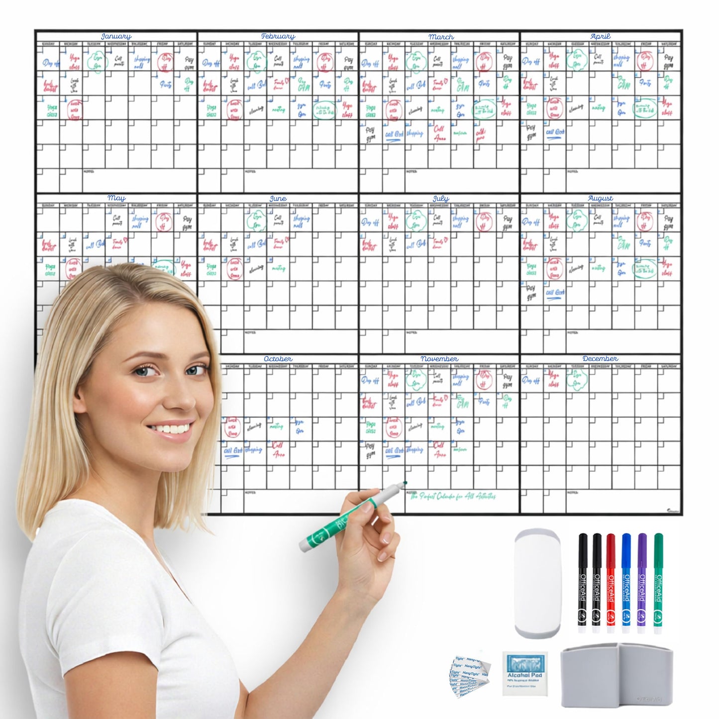 Yearly Large Dry Erase Calendar for Wall 36x48, 12 Office Annual, Erasable Month, Rolled Whiteboard White Board, Year Calendar Planner Giant Family