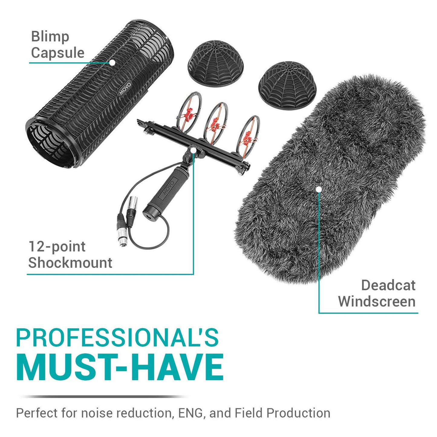 Movo BWS1000 Blimp Wind & Vibration Protection System for Shotgun Microphones - Features 12-point Internal Shockmount, Integrated XLR Cable, Furry