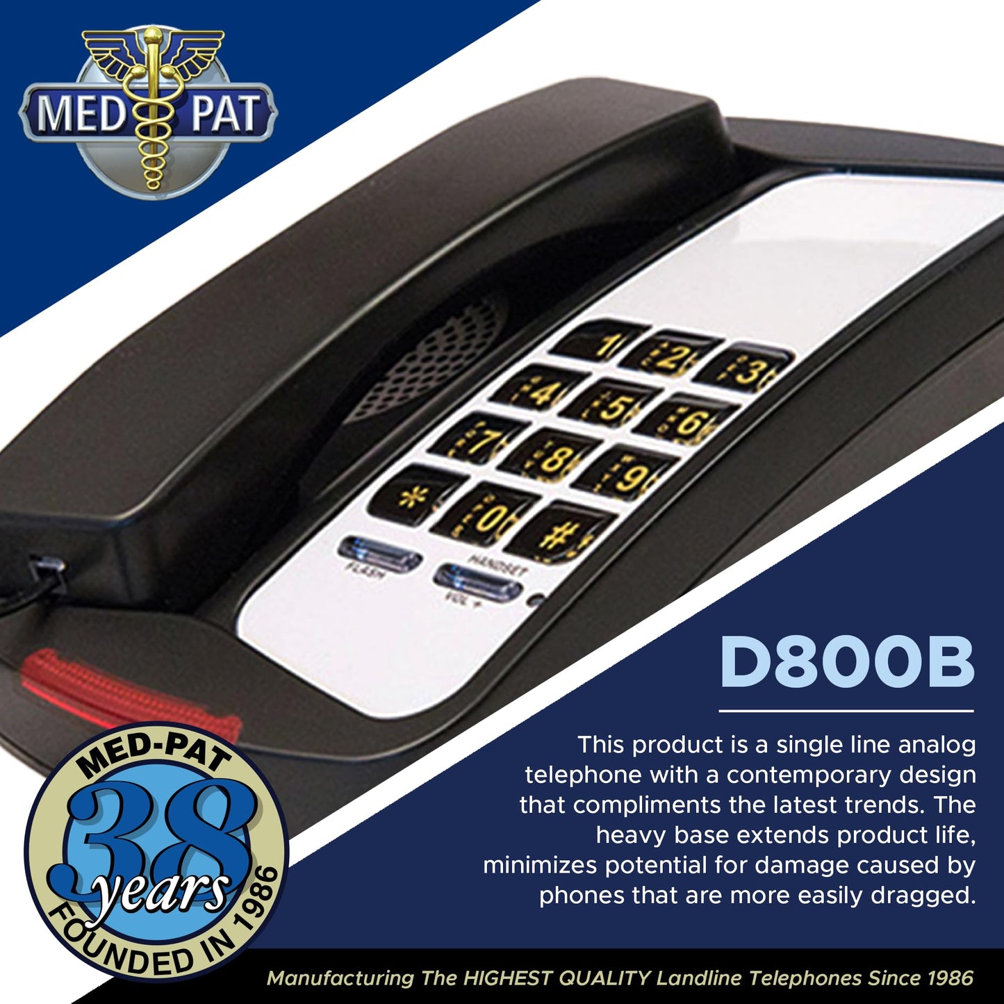 D800B- Single Line Analog Deskset Telephone with Super Bright Ring Light Indicator, Easy-to-Use Dial Pad, Advanced Audio Quality, Wall Mountable