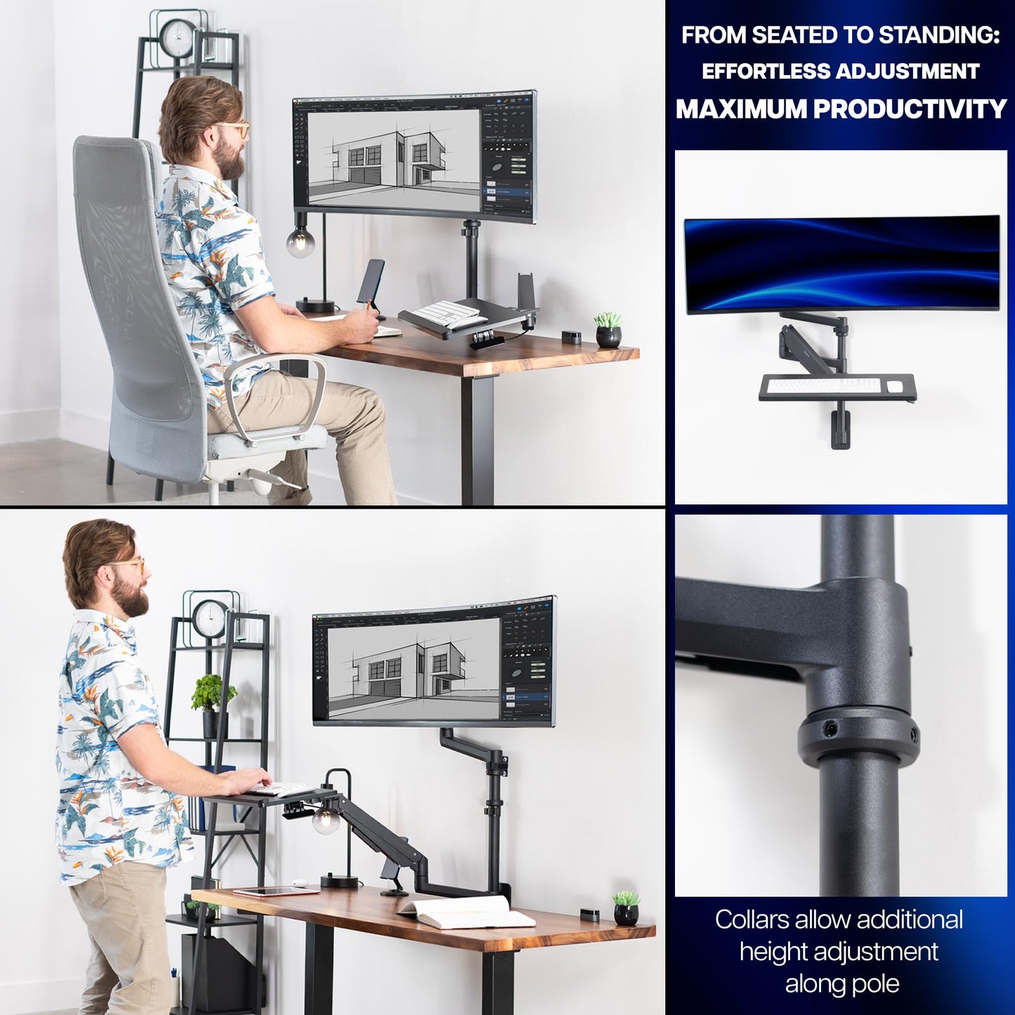 VIVO Sit-Stand Heavy Duty Ultrawide Monitor Wall Mount for Screens up to 49 inches with Height Adjustable Keyboard and Mouse Tray, Pneumatic Arm