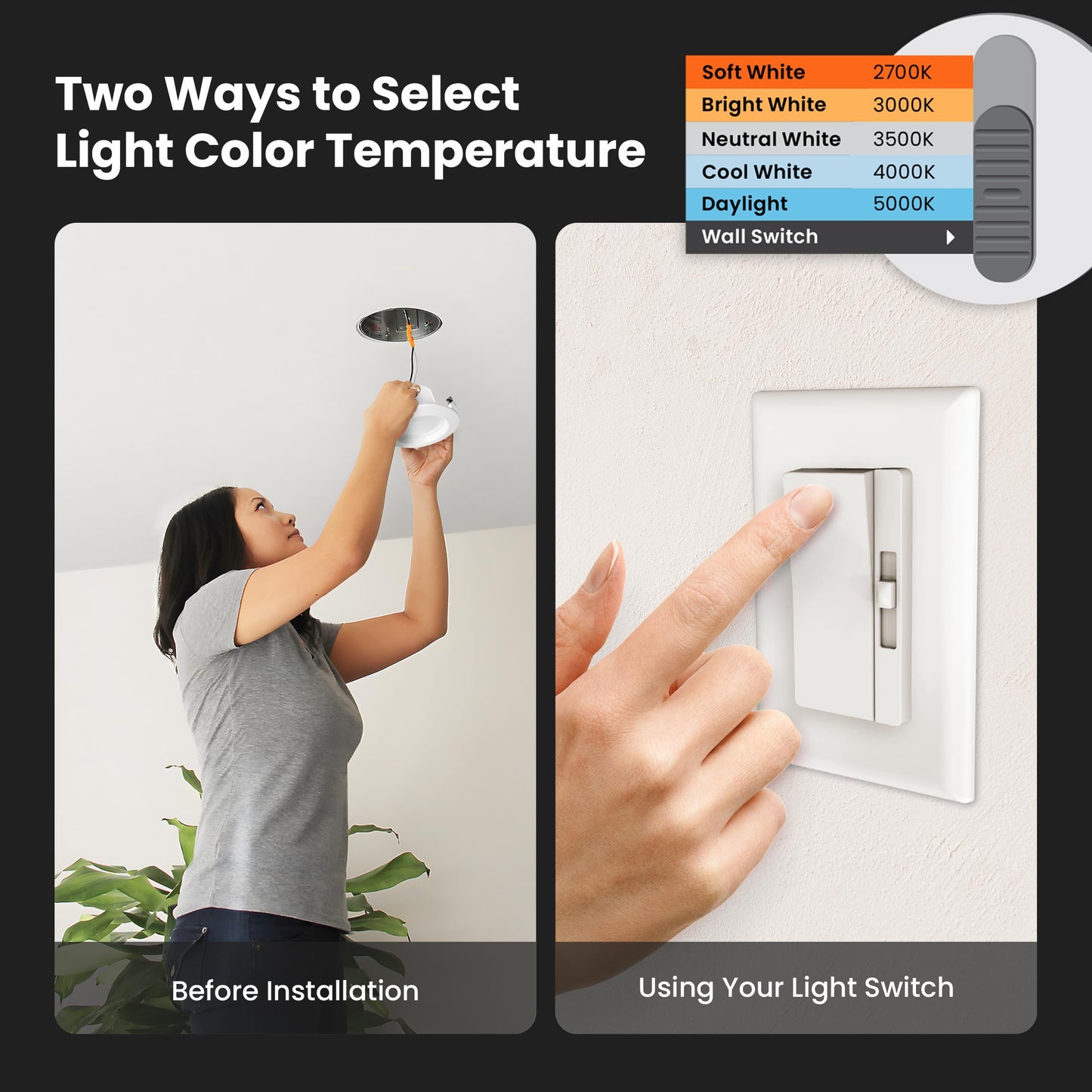 Feit Electric Adjustable White A19 LED Light Bulb, 100W Replacement, 5CCT Selectable Color Temperature 2700K-5000K, 1500 Lumens, 17,000 Hour Lifetime
